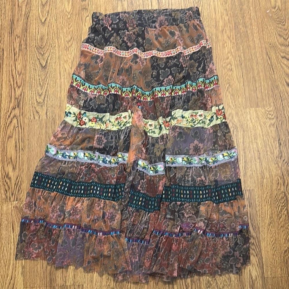 Johnny Was BIYA Bohemian Multicolor Tiered Skirt M tiered front slit lined boho